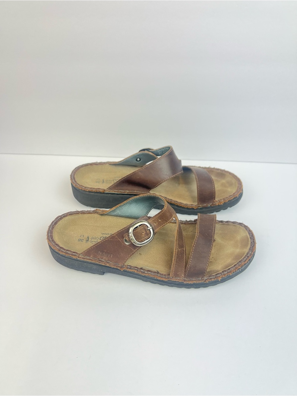 Naot Brown Leather Slide Sandals with Buckle Size US 7 Euro 38 Made In Israel